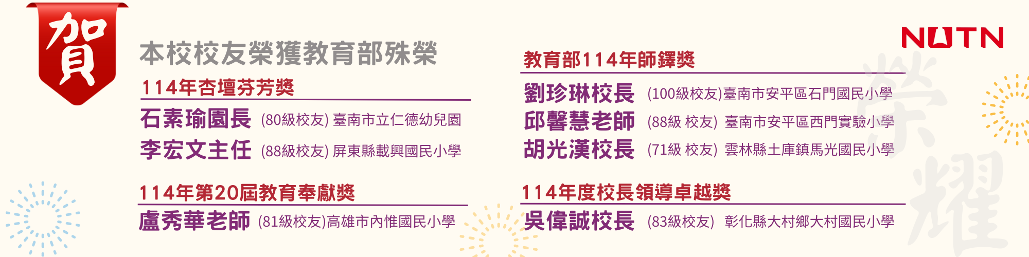 賀！本校校友榮獲教育部殊榮